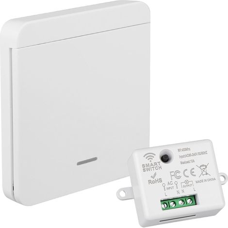 Wireless Switch with Receiver 10A 433MHz Radio Remote Control Kit for Lighting up to 1500W, Easy Installation Without Wiring, 30m Range for Home and Office (1/5)