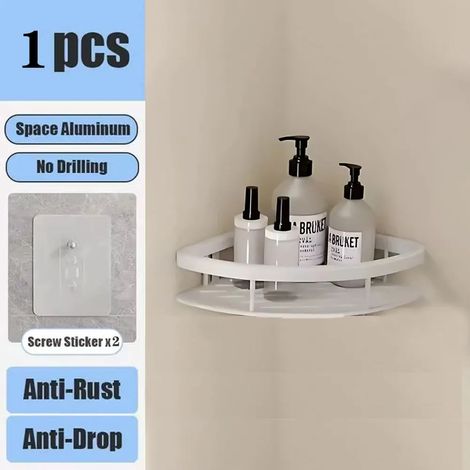 Étagère de salle de bain (triangle blanc, 1 pièce) sans perçage, fixation murale, porte-bouteilles de shampoing, étagère d'angle pour douche, étagère de rangement pour toilettes, accessoires de salle (1/5)