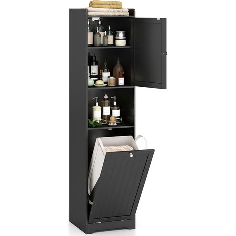 Armoire de Salle de Bain 170 CM, Colonne de Linge Solide & Étroite avec Rangement, Étagère Ajustable, Sac à Linge avec Poignées Longues & Courtes,Noir (1/5)
