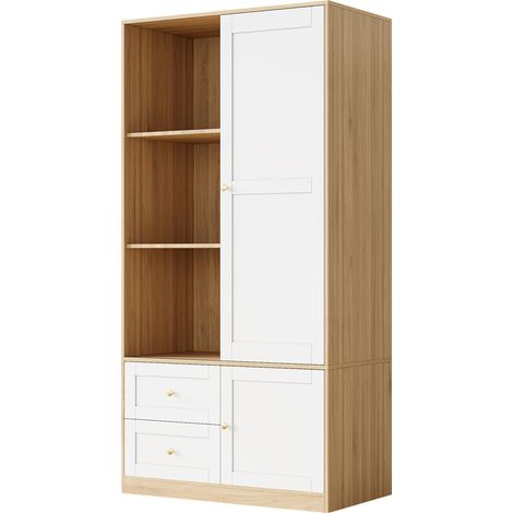Armadio con porta scorrevole, barra e 2 cassetti, MDF bianco/legno, 90x50x180 cm (1/5)