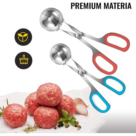 Pince à boulettes de viande (2 pièces) en acier inoxydable avec poignées antidérapantes en caoutchouc. Idéale pour la confection de boulettes de fruits, gâteaux, glaces, melons et autres fruits. (1/5)