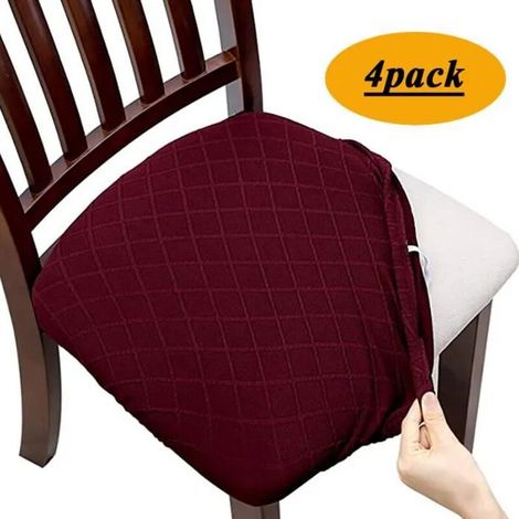 Lot de 4 housses de siège de chaise en jacquard extensible, housses de coussin de siège de chaise de salle à manger - Vin rouge (1/4)