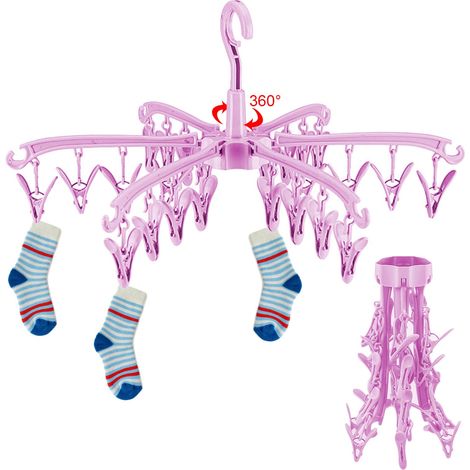 Etendoir Linge Interieur Exterieur, 24 Pinces Sechoir a Linge à Suspendre Pliable, Etendoir Chaussette Rotable, pour Couches en Tissu, Soutiens-Gorge, Serviette, sous-vêtement, Echarpe, Gants (1/5)