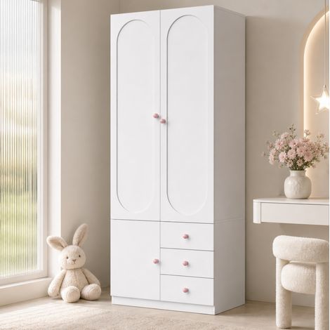 Armoire enfant 80x50x200 cm en MDF blanche, 2 portes et 3 tiroirs, gain de place – MEUBLIV (1/5)