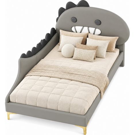 Lit enfant 90x200 cm dinosaure cartoon, tête de lit ludique, cuir régénéré gris et MDF, pour chambre d'enfant moderne, CHICFURN (1/5)