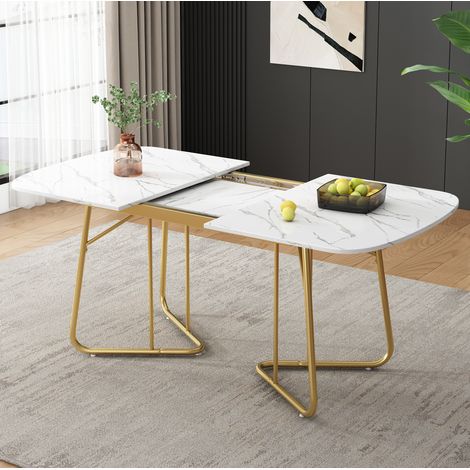 Ausziehbarer Tisch 140/180 x 80 cm Marmoroptik weiß mit goldenen Metallbeinen HAVRYA (1/5)