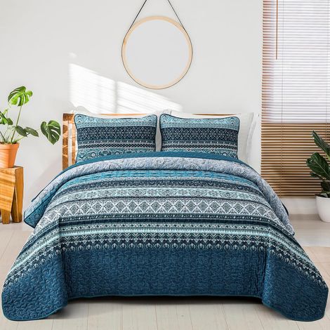 Couvre-lit 240 x 260 cm, style bohème, 3 pièces, pour lit double, matelassé, en microfibre, avec 2 taies d'oreiller de 50 x 75 cm, pour chambre à coucher, jeté de canapé (bleu foncé) (1/5)