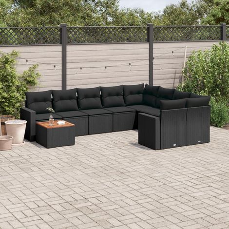 Salon de jardin bas 10 pièces en résine tressée et bois d'acacia avec coussins noir - PANGIVO (1/3)
