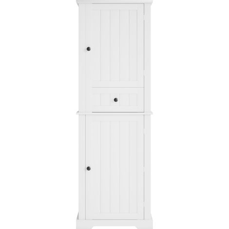 CAIziArmoire de salle de bain 56 x 28 x 167.3cm, entièrement laquée pour une résistance à l’humidité, partie haute et partie basse + tiroir central, étagères réglables, poignées noires, blanc. (1/5)