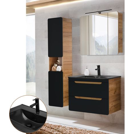 Badmöbelset in seidenmatt anthrazit mit Wotan Eiche Nb. NEW-LUTON mit 81 cm Keramik Waschtisch & LED Spiegelschrank, B/H/T ca. 130/195/46 cm (1/5)