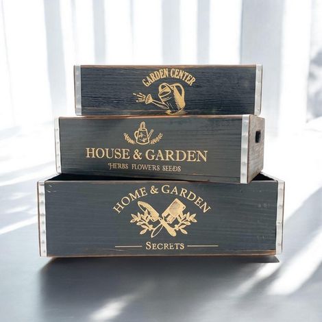 Rustic Vintage Garden Display Planters (Set of 3) - Wood - Black