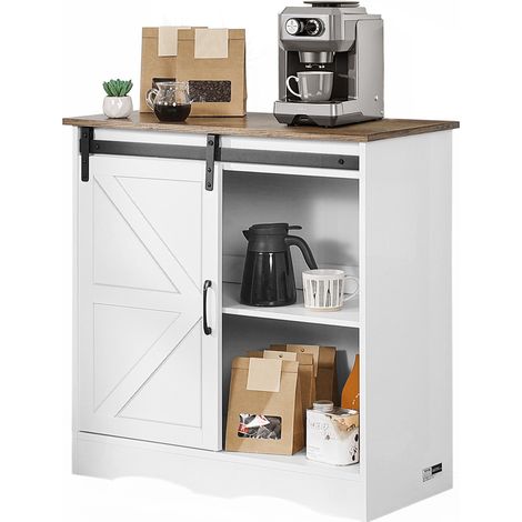 VEVOR Mobile Bar da Caffe 80 x 33 x 80 cm Mobiletto da Bar Rustico, 3 Ripiani, Tavolo da Bar con Porta del Fienile, Mobile Bar in Stile Fattoria, Mobile da Buffet con Credenza Rustica, Marrone/Bianco