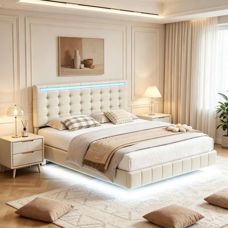 Cama adulta de 160x200cm – Lino beige transpirable – Efecto nube – Cabecero de diseño – Mando a distancia con iluminación LED RGB