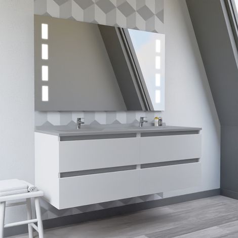 Meuble double vasque 140 cm ARLEQUIN avec miroir Prestige- Vasque Gris- Traverses Gris