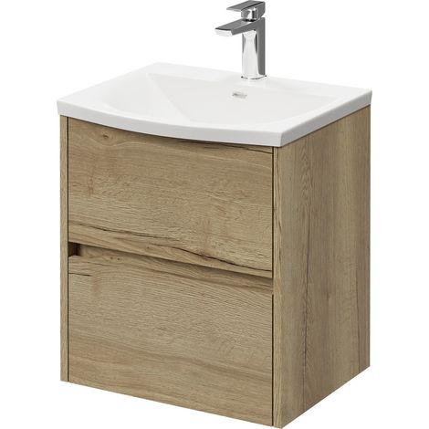 Montego Autumn Oak 500mm Wall Mounted Vanity Unit with 1 Tap Hole Curved Basin and 2 Drawers (1/5)