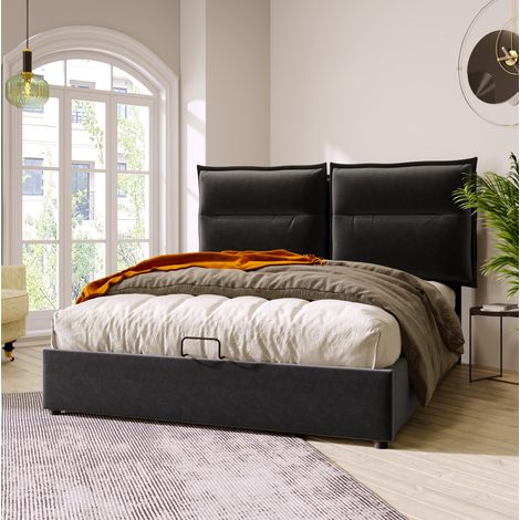 DESVIAE Lit double hydraulique 140x200 cm en velours noir avec coffre de rangement sommier à lattes cadre métallique tête de lit réglable et coussins de dossier (1/5)