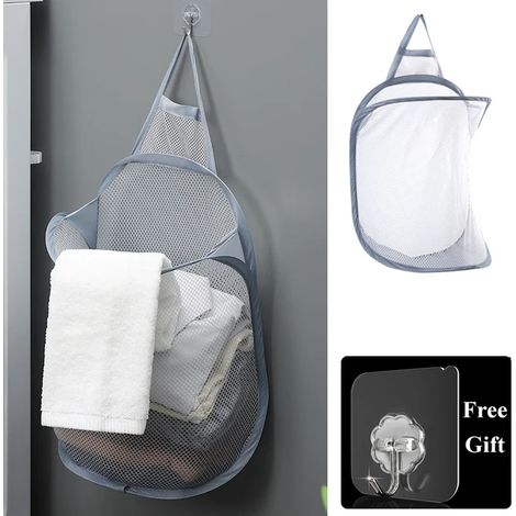 Panier à linge pliant organisateur pour vêtements sales salle de bain vêtements maille sac de rangement ménage tenture murale panier cadre seau gris (1/4)