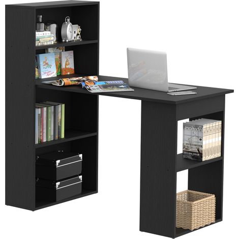 Homcom – Bureau droit noir 120x55x120cm – Panneaux de particules – Rangement 3 niches + 2 étagères – Design contemporain 2 en 1