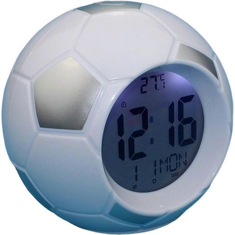 Réveil à la finition soignée et raffinée, montre mécanique manuelle créative sans bavures, horloge lumineuse à commande sonore sur le thème du football en ABS, blanc anniversaire. (1/5)