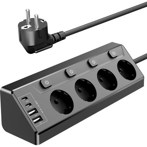 Angled Power Strip, 4 Outlets, 2 USB-A, 2 USB-C, Individual Switch, 2m Cable, Kitchen/Office (1/5)