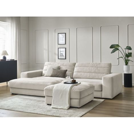 BOBOCHIC - Canapé d'angle fixe SIERRA velours avec pouf Angle gauche Beige (1/5)