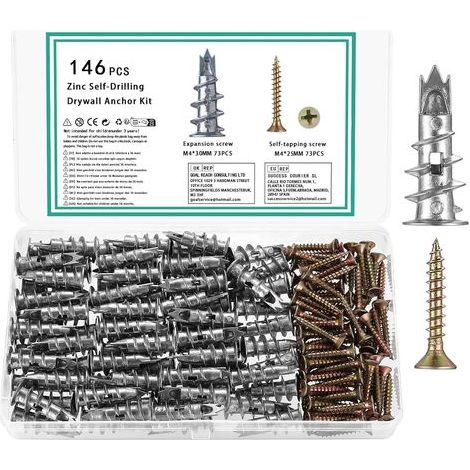 146 Pièces - Cheville - Vis Autoforeuse - Fixation Mural Sans Perçage Pour Plaque De Plâtre Et Béton Alliage De Zinc Argenté M4x25mm Et M4x30mm (1/5)