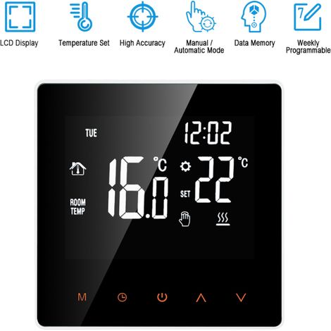 Termostato intelligente programmabile settimanalmente, con touchscreen e display LCD, per riscaldamento elettrico a pavimento (ideale per casa, scuola, ufficio o hotel). 16 A (1/5)