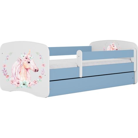 Lit enfant 80x160 cm avec tiroir et barrière avec matelas bleu motif Cheval (1/5)