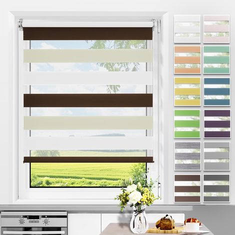 Store Enrouleur Jour Nuit - 1 Pièce - Polyester Blanc Beige Marron - Réglage Lumière sans Perçage - Salon Chambre Cuisine - 45x150 cm (1/5)