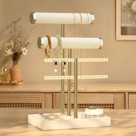 Organisateur de Bijoux à 3 Niveaux - Porte-Bijoux Beige - Support de Bijoux Amovible en T - Porte-Bracelets en Velours