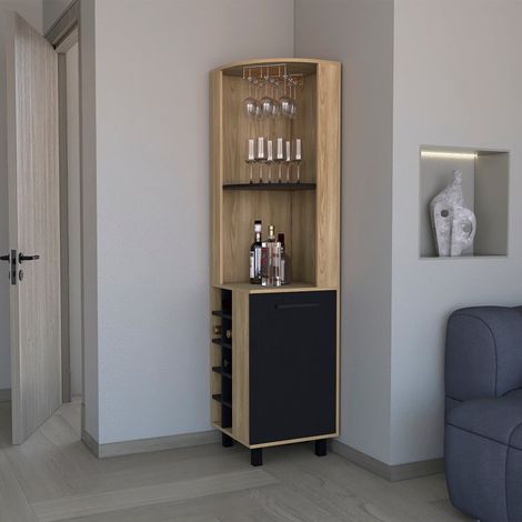 Tuhome Concept – Meuble bar Kaia en mélamine – 3 étagères, 9 porte-gobelets, 10 porte-bouteilles – Dimensions 180x45x45 cm – Multicolore