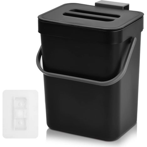 Petite Poubelle à Suspendre Poubelle à Compost pour Cuisine 3L, Poubelle d'armoire Organique avec Couvercle et Poignée pour Voiture Placard Bureau, 6.2 5.1 8cm (Noir) (1/5)