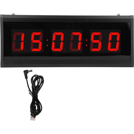 Horloge Murale LED Numérique Aluminium Cadre Noir Affichage Perpétuel Grande Visibilité Précision ±3s/mois 48x19cm Rouge (1/5)