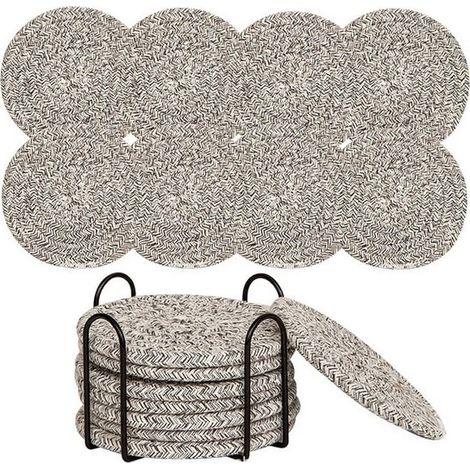 Ensemble de 8 sous-verres (avec support de rangement), absorbants, pour tables basses, ensemble minimaliste en coton tissé (1/5)