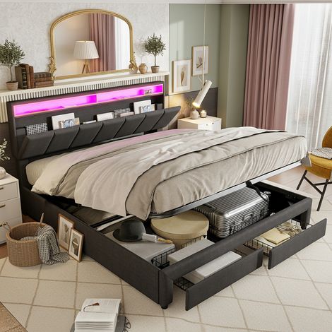 Cama con canapé abatible 180x200 cm - Lino gris - Somier de lamas - Mecanismo de elevación hidráulica - 2 cajones - Cabecero - Iluminación LED de 16 colores (1/5)