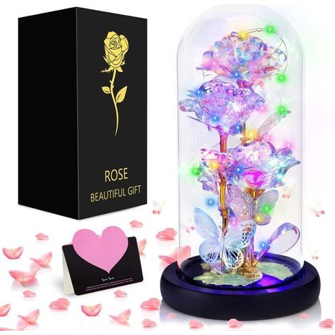 Rose Eternelle en Verre avec LED Lumières - 3 Roses Platine et 2 papillons - Base Bois Noir - Pour Anniversaire, St-Valentin, (1/5)