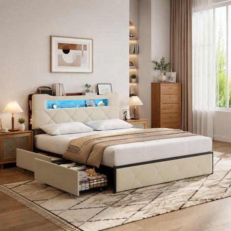 Lit coffre 140×200 cm,4 tiroirs,cadre de lit 140×200,lumière LED et port USB,tête de lit avec rangement,lit double capitonné,style moderne,sommier à lattes,lit adulte,lit ados,Velours,Beige (1/5)