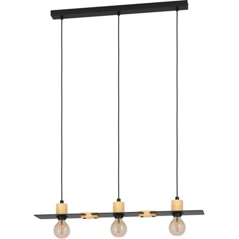 EGLO Hängelampe Bramerton, Pendelleuchte Esstisch 3-flammig, Esszimmerlampe aus Holz in Natur und Metall in Schwarz, FSCM70HB, Hängeleuchte mit E27 Fassung