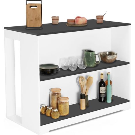 Idmarket – Table de bar îlot JUNO – Bois blanc – Plateau gris – Dimensions 113x60x90 cm – 2 étagères de rangement – Design compact pour petits espaces