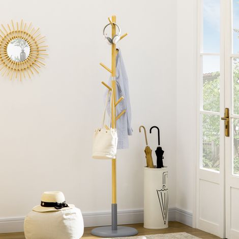 Appendiabiti da ingresso a forma di albero con 8 ganci per appendere vestiti e borse, Ø37,8x175,6 cm, naturale e grigio. (1/5)