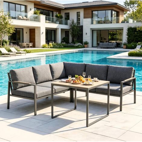 Set divano da esterno L 183x183x72 cm, per 5 persone, cuscini spessi, struttura in metallo, grigio scuro (1/5)