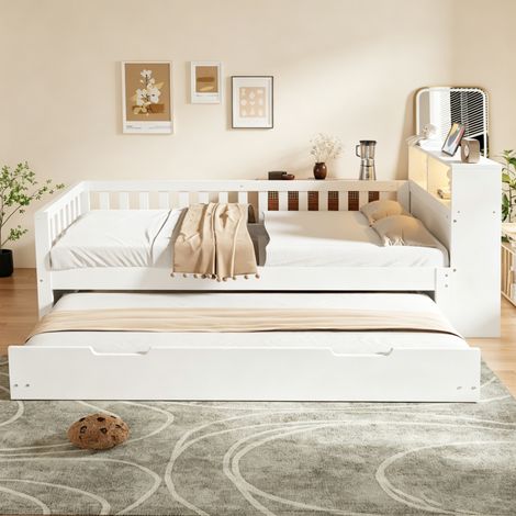 Lit gigogne avec rangement 90x200cm led usb et barrières sécurité - bois - blanc (1/5)