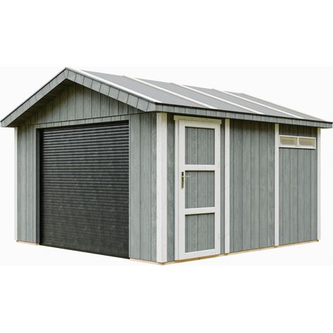 Garaje de CALIDAD PREMIUM 13 m²- L378xL412 cm - GARAJE PARA MOTOS, bicicletas, máquinas de jardinería - Construcción con paneles LP Smartside - Cobertizo de jardín Timbela M990B-CAVERN STEEL