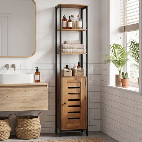 Meuble colonne de salle de bain industriel 3 étagères ouvertes porte à lamelles étagères réglables marron rustique (1/5)