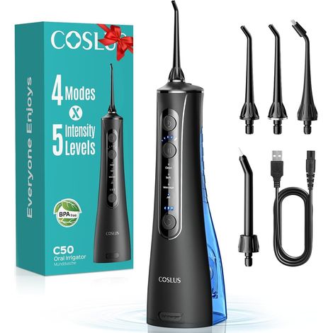 C50 Jet Dentaire Hydropulseur Irrigateur Oral: 4 modes et 20 niveaux-IPX7 étanche-Technologie Anti éclaboussures-Usage à domicile et en voyage-pour gencives sensibles et santé-Noir Brillant (1/5)