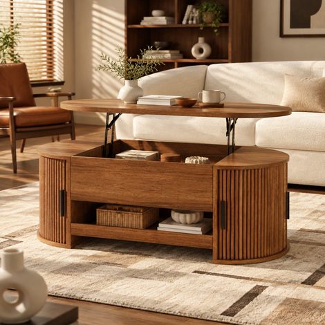 Tavolino elevabile con vano nascosto e ante scorrevoli, 110 x 55 x 55 cm, MDF noce (1/5)