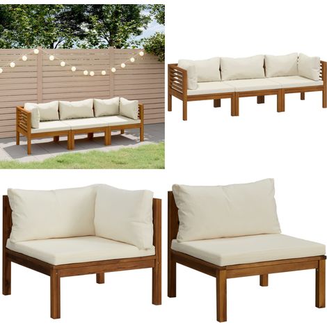 3-Sitzer-Gartensofa mit Creme Kissen Massivholz Akazie - Outdoor Möbel - Gartenlounge - Holzsessel - Loungemöbel - Esszimmergarnituren - Home & Living