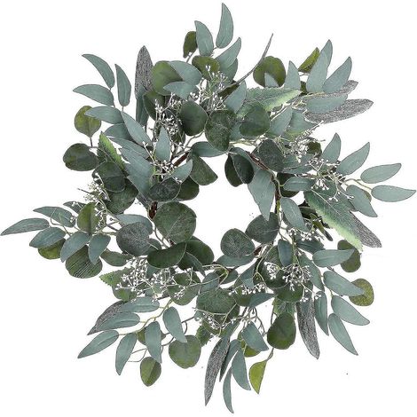 Künstlicher grüner Eukalyptuskranz, 15 Zoll (ca. 38,1 cm), grüner Kranz mit weißen Blüten, Mini-Frühlings-/Sommerkranz, zur Dekoration von Haustür und Fenster (1/5)