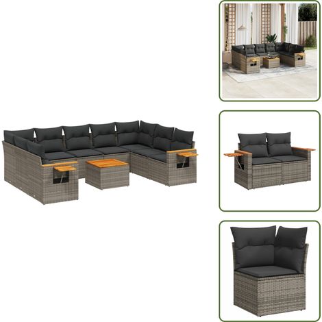 The Living Store Salon de jardin avec coussins 10 pcs gris résine tressée - Salon De Jardin - Meuble Extérieur - Set Salon - Résine Tressée - Rotin Synthétique (1/5)