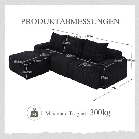 Canapé modulaire noir 3 places en corde, poufs inclus, combinable librement, accoudoirs avec porte-gobelets et poche latérale de rangement, parfait pour salon, salle familiale.